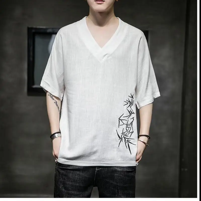 

M-5XL Plus Size Men Vintage Streetwear Men Clothing Linen Shirt Short Sleeve V Neck Casual Loose Fit Chinese Style Beach Tops