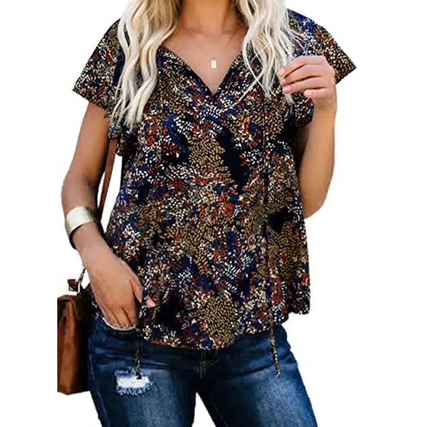 

2021 Fashion Floral Printing Shirt Women Summer Short Sleeve Blouse V-neck Loose Lapel Shirts Tops Summer Female Clothing