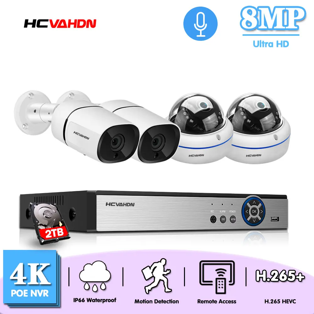

4K Ultra HD 8MP POE NVR Kit Street CCTV Audio Record Security System IP Camera Outdoor Home 4CH Video Surveillance Camera Set