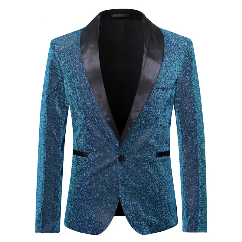 blue Роскошный Золотой блестящий Блейзер Masculino Slim Fit шаль воротник мужской Блейзер Куртка DJ клубный Мужской Блейзер Свадебный сценический костюм певцов - Цвет: blue