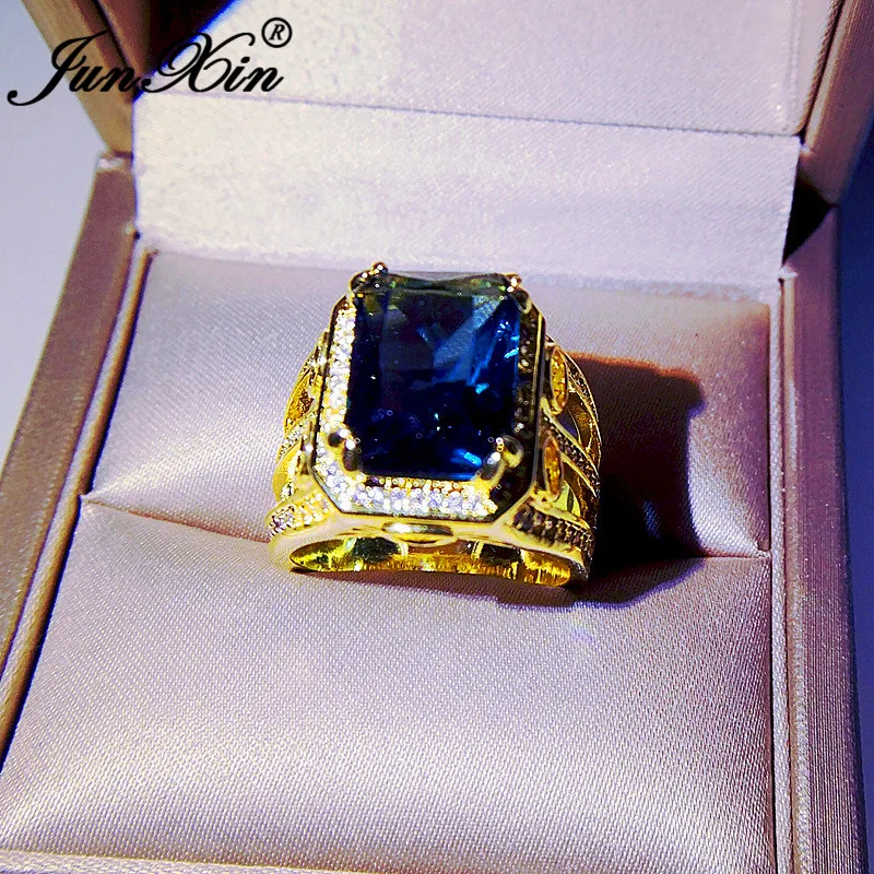 Luxury Geometric Square Crystal Yellow Gold Rings For Women Men Big Blue Stone Wedding Bands Engagement Ring Promise Jewelry CZ | Украшения