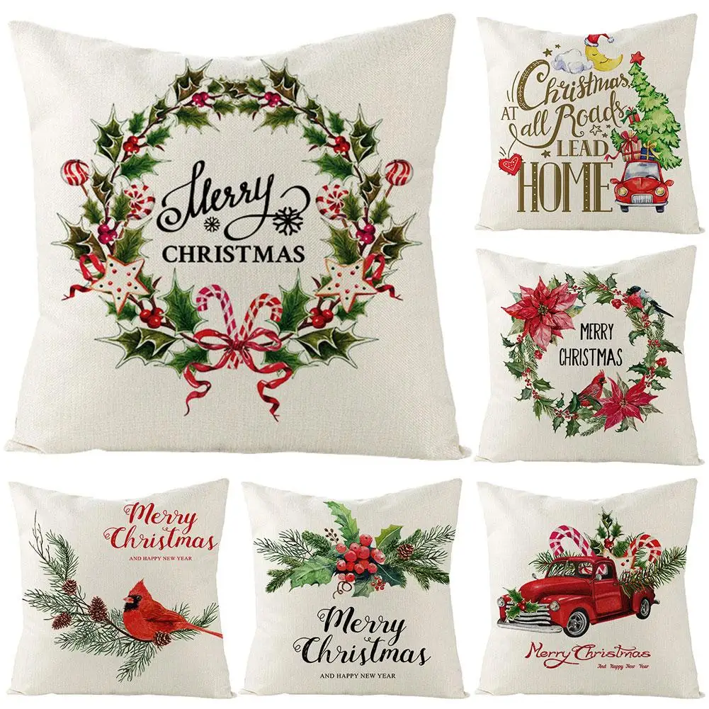 

Christmas Pillowcase Cartoon Deer Wreath Print Home Throw Pillow Case Cushion Cover 2023 Xmas Gifts New Year Ornament Decoration