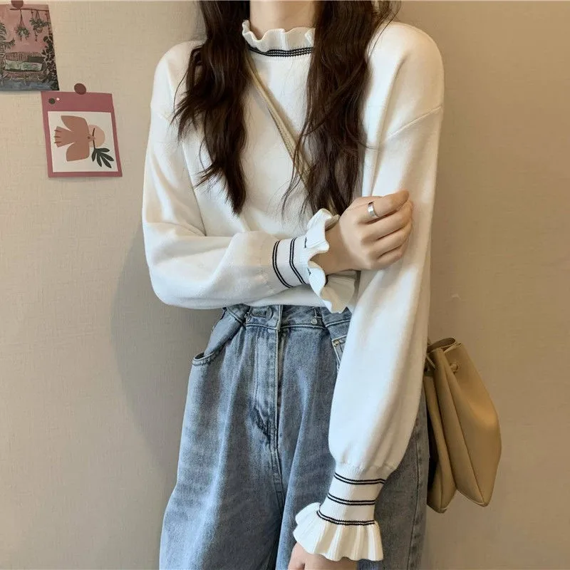 

Autumn Basic Sweater Women Knitted Ribbed Pullover Korean Vintage Long Sleeve Half High Collar Slim Jumper Soft Warm Pull Femme