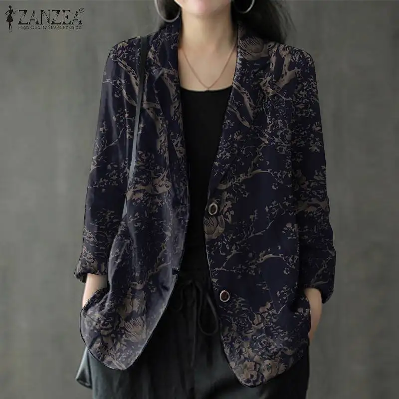 

ZANZEA Casual Long Sleeve Lapel Coats 2022 Bohemian Printed OL Blazer Women Autumn Vintage Cotton Work Office Jackets Oversized