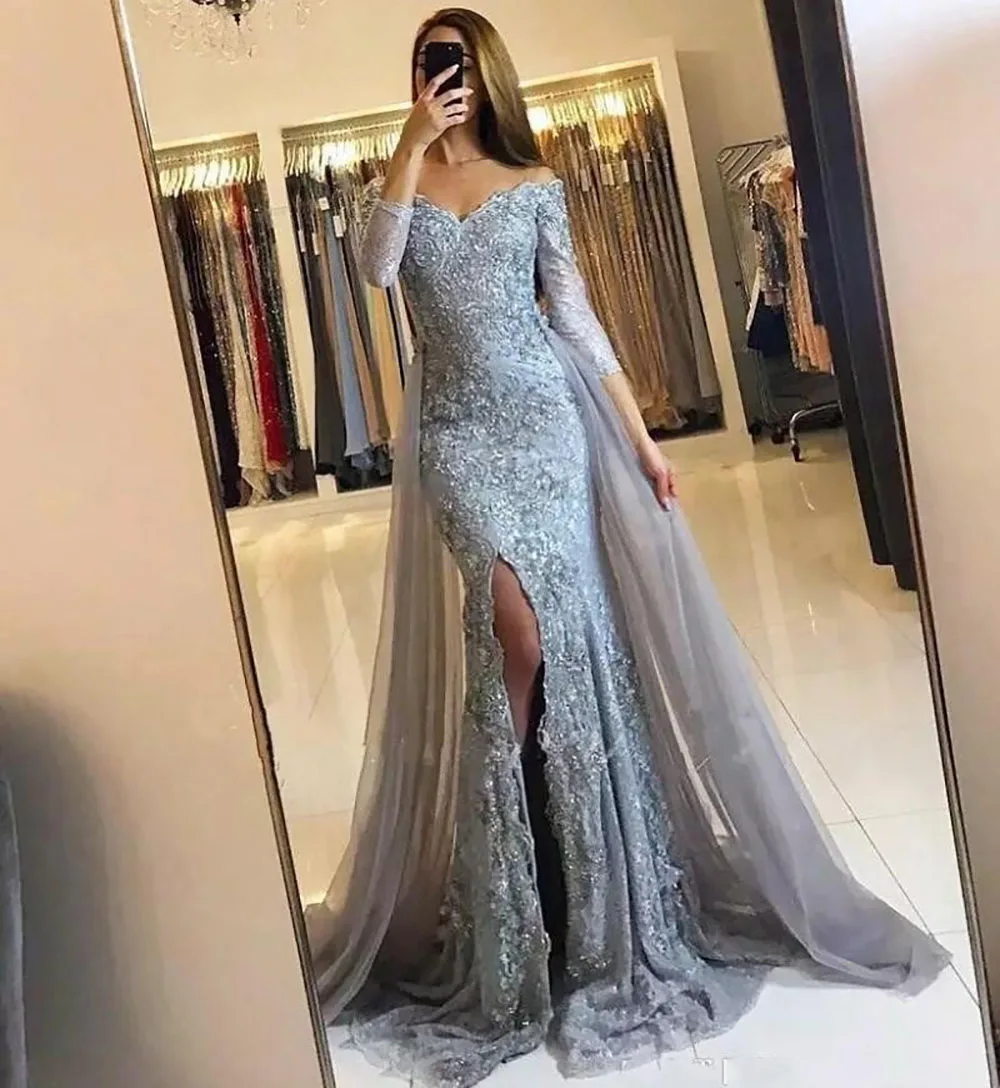 

Mermaid Trumpet Sweetheart Off-Shoulder Applique Beaded Evening Dresses Custom Long Sleeve Thigh-High Slits Prom Party Gown Lace