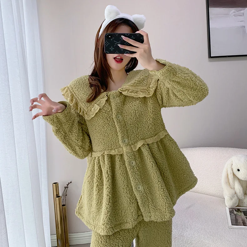 

2021 New Sleepwear Women Pajamas Set Casual Lounge Wear Soft Flannel Shirt&Pants Loose Pyjamas Coral Fleece Home Clothes