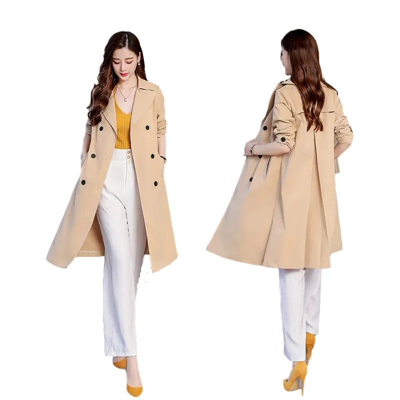 

2021 Women's Windbreaker Spring Autumn Slim Lapel Double Breasted Medium Length Khaki Long Sleeve Female Coat Fashion Tie CF3