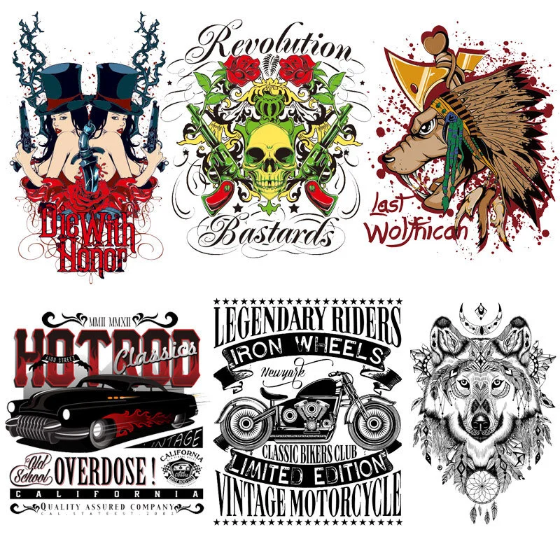 

5PCS/set Motorcycle Car Patches Punk Skull Stickers Iron OnTransfers for Clothes T-shirt Diy Accessory Appliques Heat Transfer G