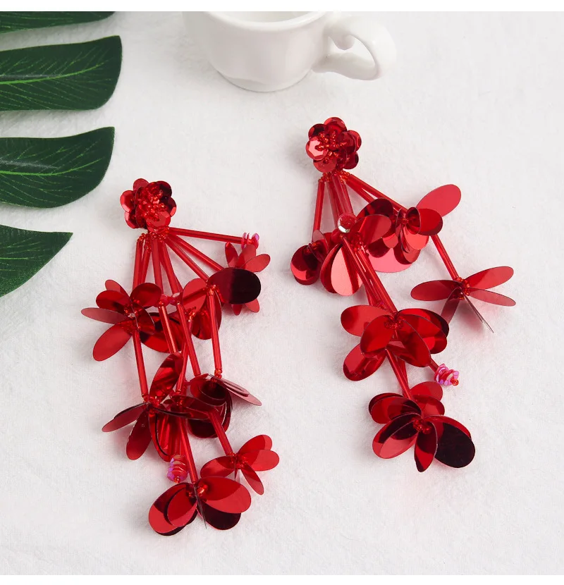 Aretes de mujer, современный стиль, дизайн, большие красные лепестки роз, серьги с кисточками, тренд, темперамент, летние корейские серьги для женщин