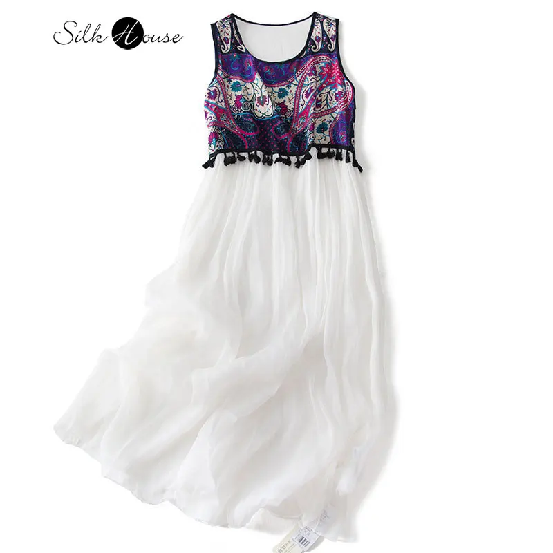 

2020 New Women's Embroided Dress Bohemian Sleeveless Vest Skirt Beach Skirt Slim Silk