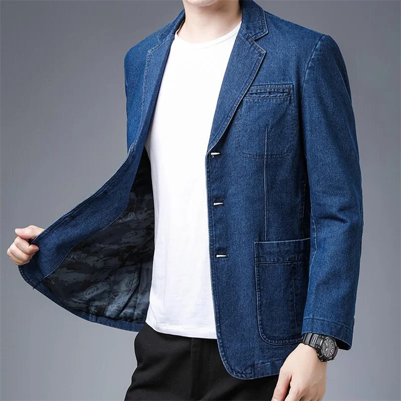 Blue Casual Washed Denim Blazer 2021 Spring Men Slim Fit Soft Mens Brazer Black Suit Jacket Classic Notched Clothing | Мужская одежда