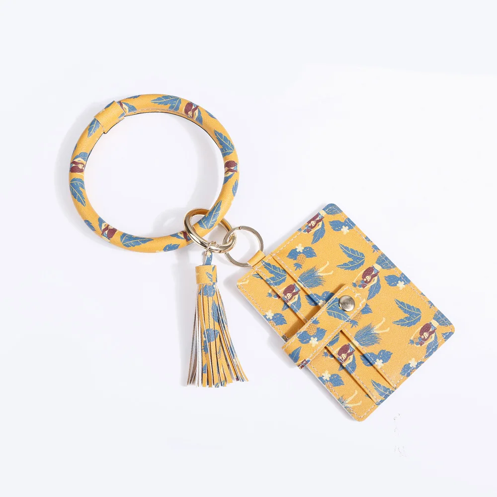 

2020 New PU Leather O Bracelet KeyChains Circle Cute Same Color Tassel Wristlet Bag Keychain Wholesale Women Girls