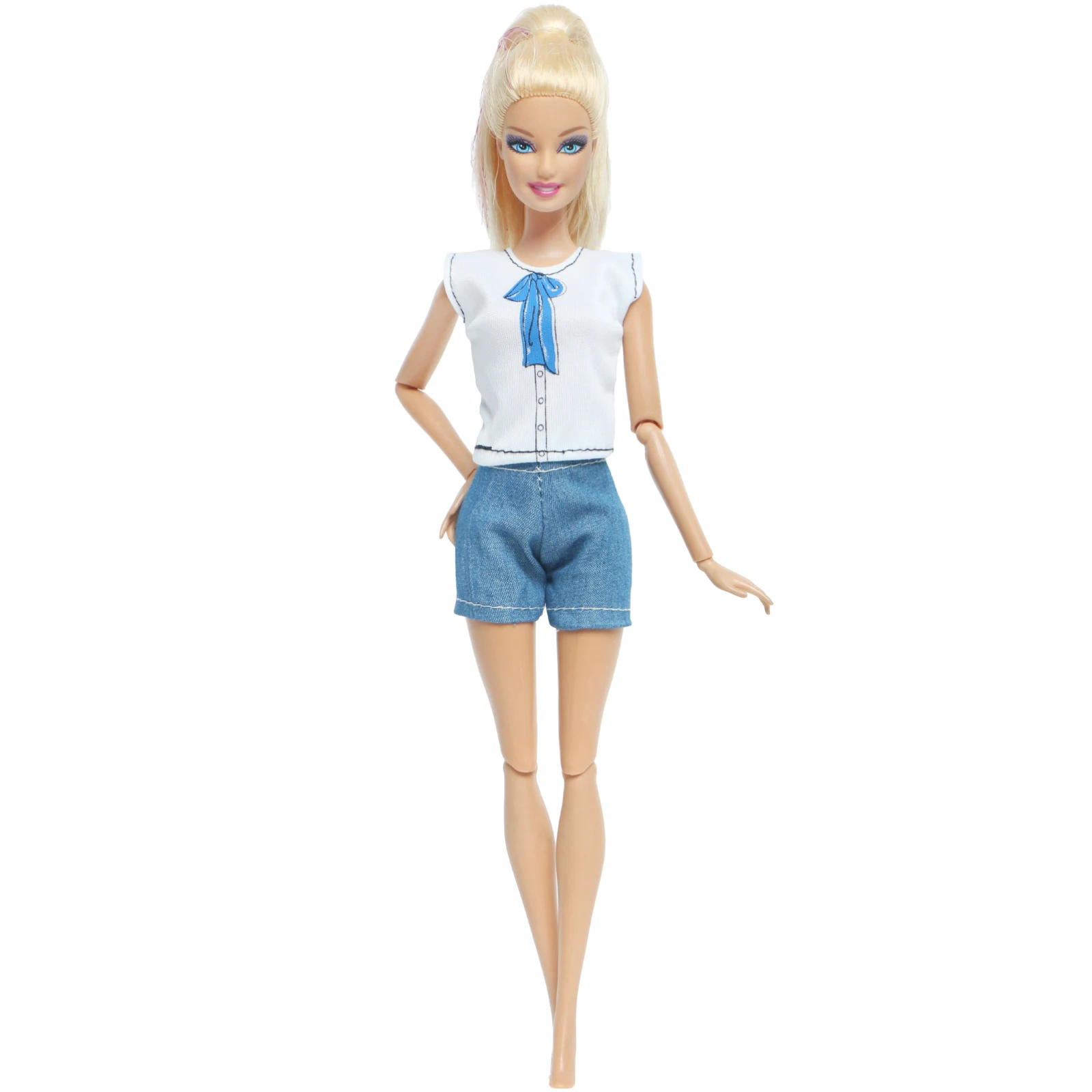 1 Сет Ручной работы повседневный наряд с голубым рисунком банта на футболке и шорты. Аксессуары для куклы Барби. Игрушка для детей.