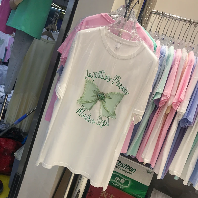 

Fashion Exquisite Rhinestone Short-Sleeved Top for Women 2021 Summer New Sweet Bow Tees Plus Size Loose-Fitting T-shirts