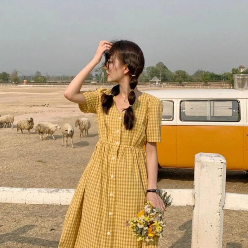 

Dress Women Single Breasted japanese Plaid Loose Dresses Leisure Lovely Korean Elastic Waist Elegant Colorful Dress for women