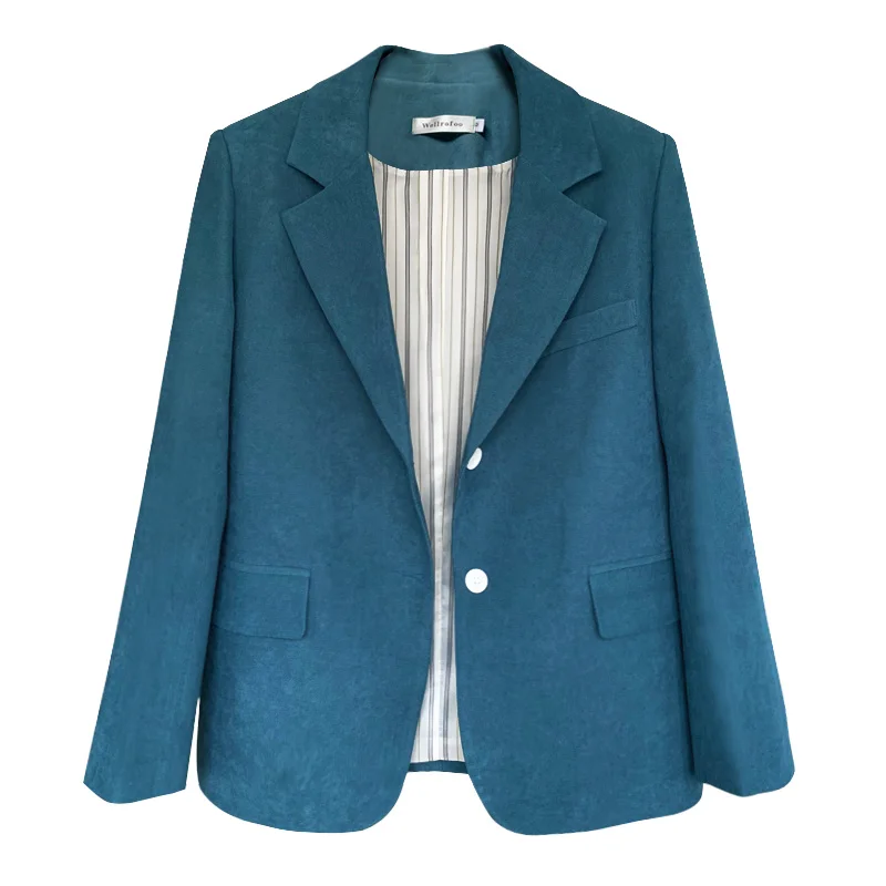 

SHENGPALAE Elegant Blue Blazer Women Autumn 2021 New Notched Loose Single Breasted Long Sleeve Suit Jacket Female Tide 5E2437