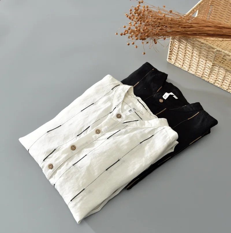 

Men Summer Fashion Japan Top Quality Stand Collar 100% Linen Sleeve Striped Polo Shirt Male Smart Casual Pullover Simple Shirt