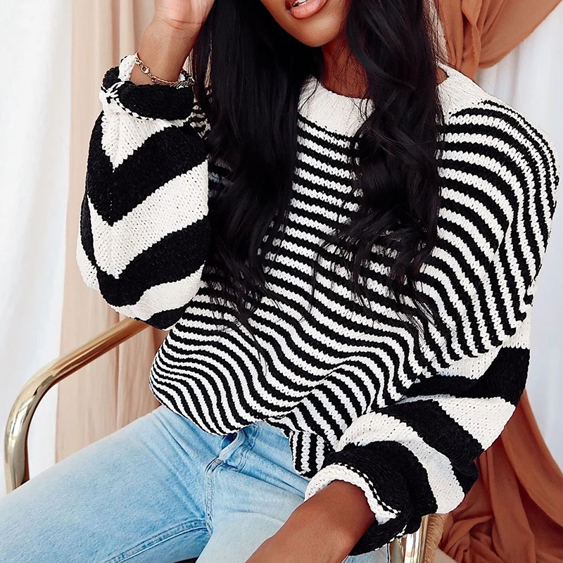 

Women Knitted Loose O Neck Autumn Sweater White 2021 Casual Office Lady Long Sleeve Warm Winter Pullover Striped Sweater Newest