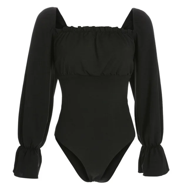 

Fashion elegant princess style Long Sleeve Square collar Bandage Backless Sexy Basic Solid Bodysuit rompers womens jumpsuit