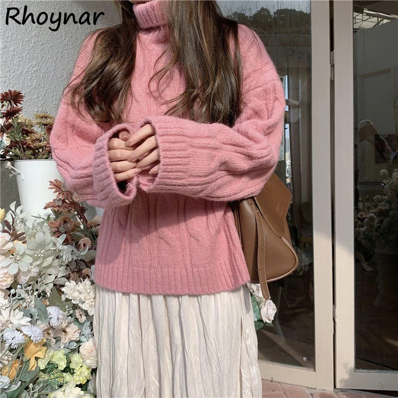 

Turtleneck Sweater Women Lazy Solid Retro Popular Hot College All-match Loose Warm Tender Ladies Knitted Autumn Street Chic Ins