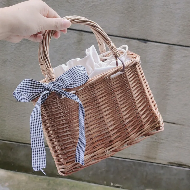 

Повседневные маленькие квадратные сумки из ротанга, Женская плетеная сумка ручной работы с ручками, кружевная Сумка-тоут с бантом, женская ...