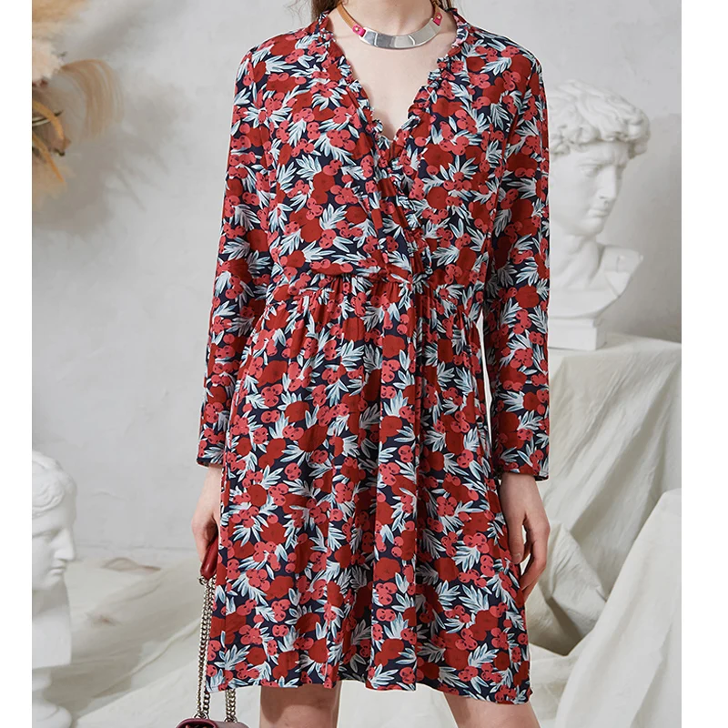 

Женское платье на раннюю весну, свободное прямое платье из вискозы с длинным рукавом и принтом, украшенное перекрещивающимся воротником, 2021