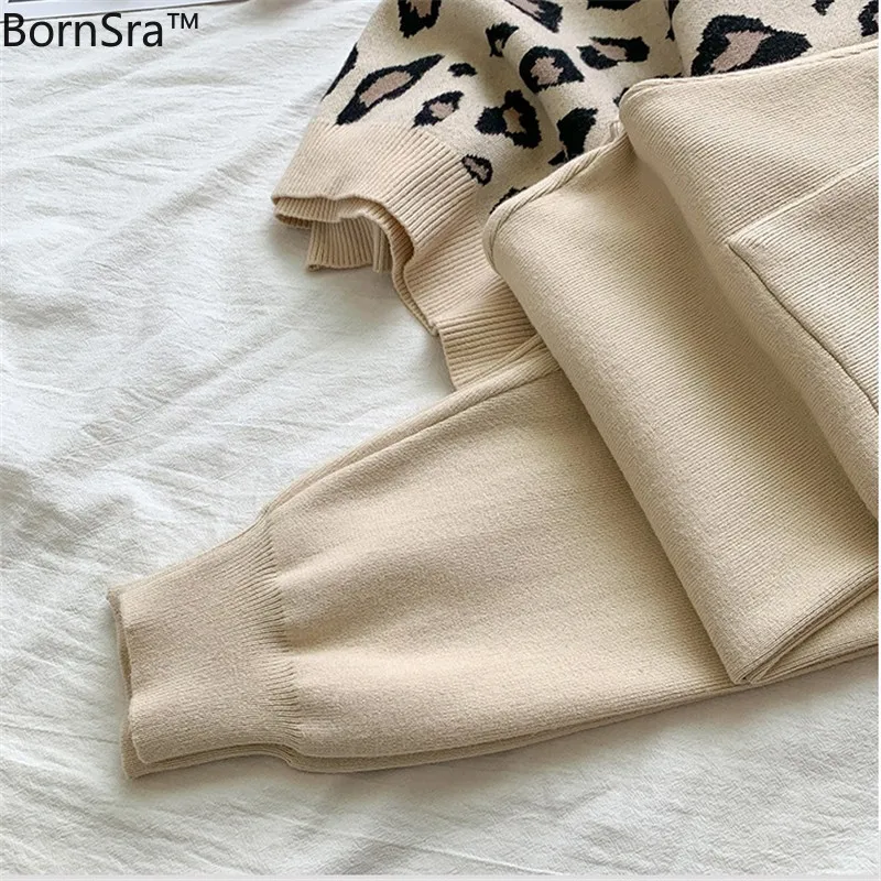 

Bornsra autumn winter women knitted suit leopard pullovers sweater pants 2 piece set female tracksuit knitted harem pants