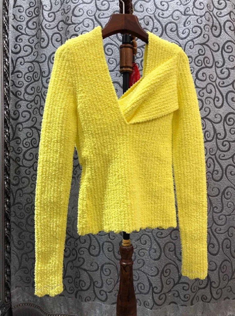 

2020 Spring Fashion Yellow Black Pullovers Women Asymmetrical Style Long Sleeve Casual Knitted Sweaters Ladies Sexy Tops