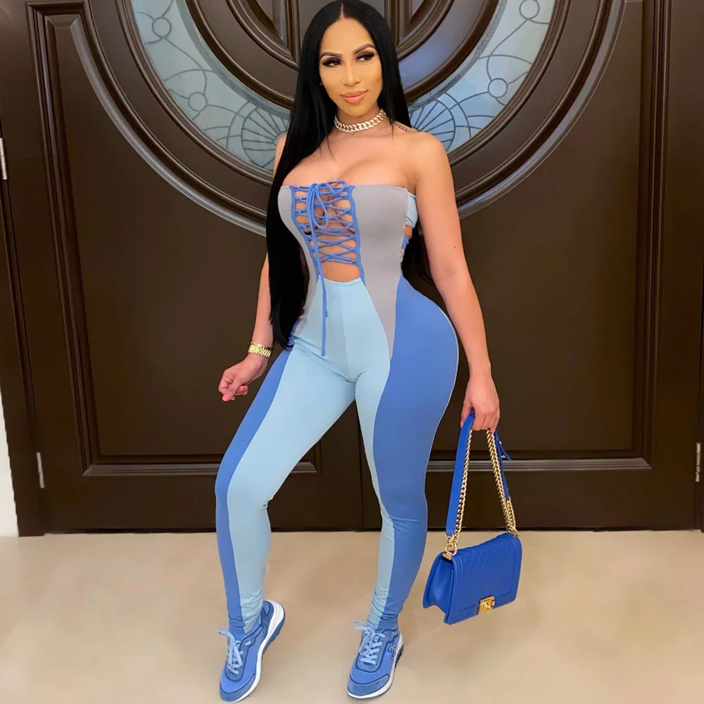 

Sexy Hollow Out Lace Up Patchwork Bodyocn Jumpsuit Clubwear Spring Summer 2021 Athleisure One Piece Outfit