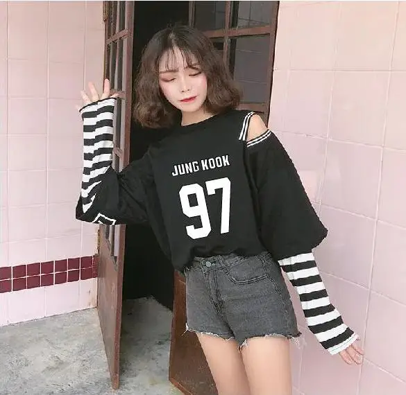 

Kpop Bangtan Jungkook, свитшот с имитацией двух частей, женские модные строченные модели, топы в стиле хип-хоп, Свитшот