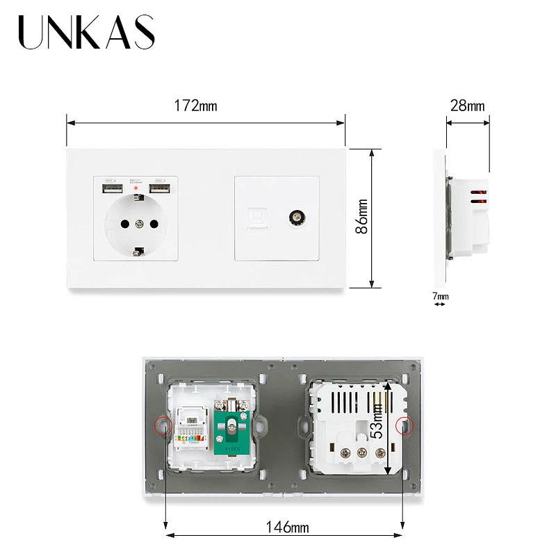 UNKAS пластиковая панель стандарта ЕС электрическая розетка с двойным USB +