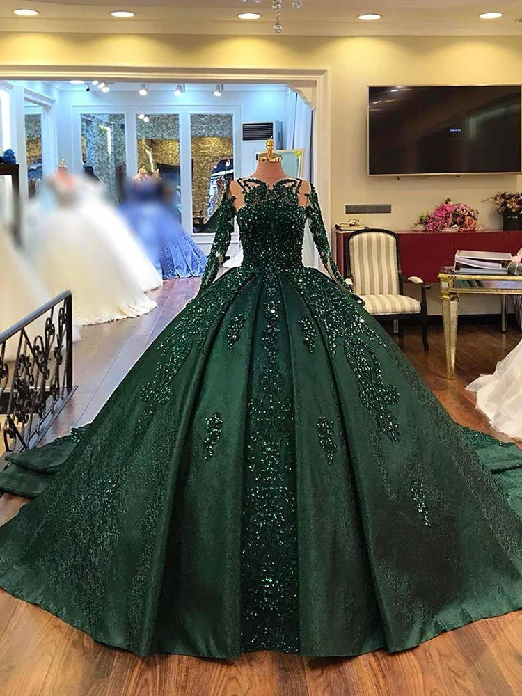 Emerald Green Long Sleeve Quinceanera ...