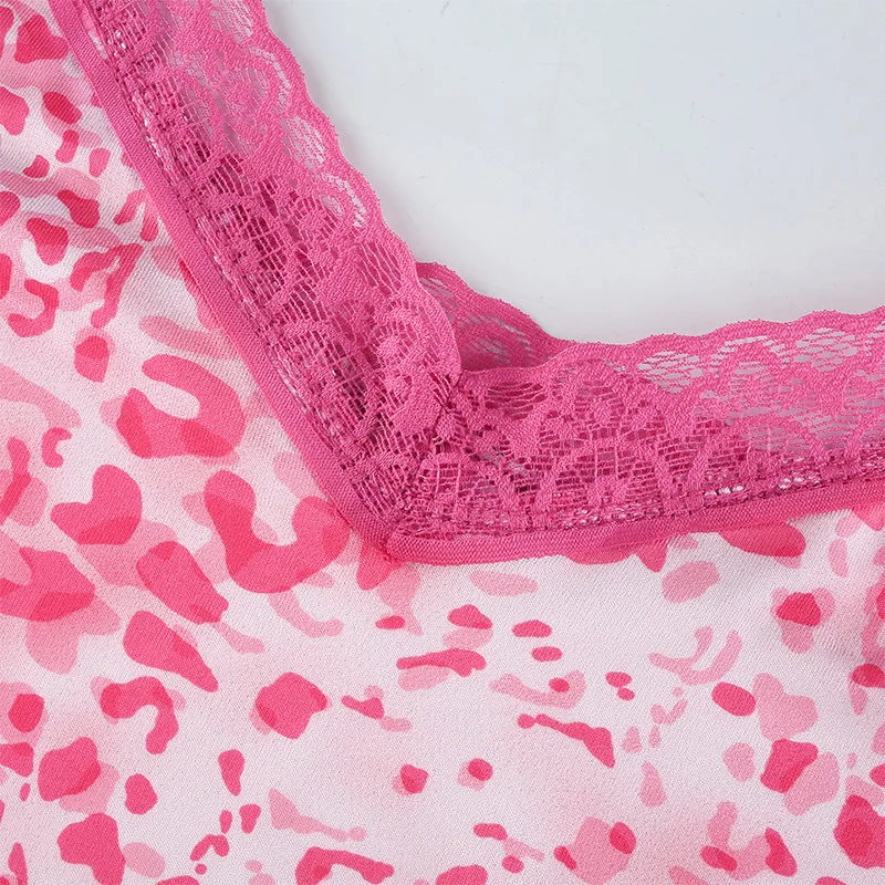 

Cute Tops Women Summer Clothing 2021 Leopard Print Patchwork Lace Camis Sexy V Neck Crop Top Y2K Body Croptop Bluzki Pink Blue