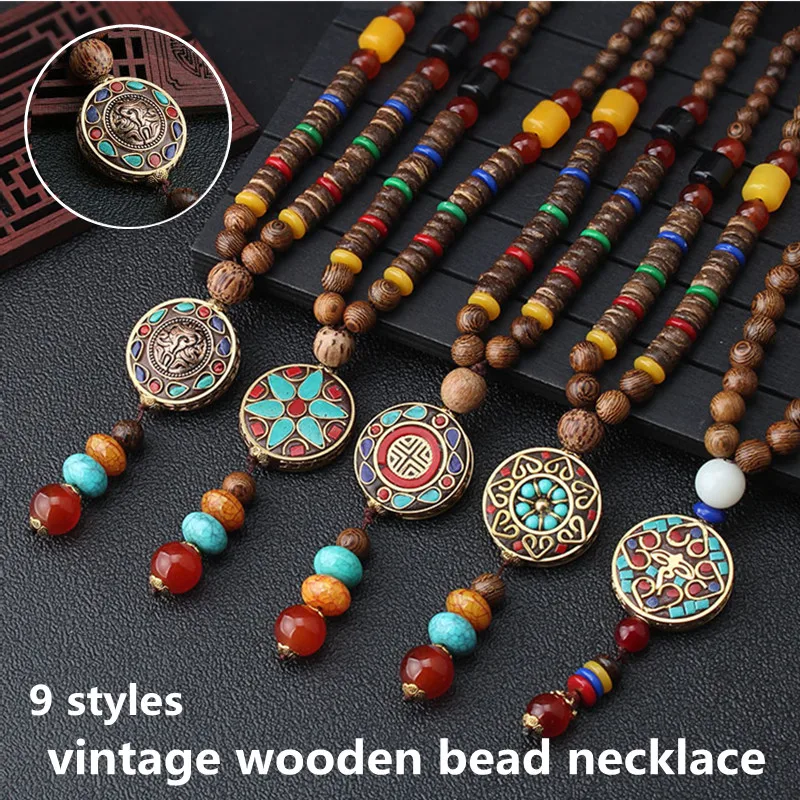 

New Styles Vintage Ethnic Retro Boho Sweater Chain Decoration Unisex Wooden Jewelry Long Buddha Buddhist Wooden Bead Necklaces