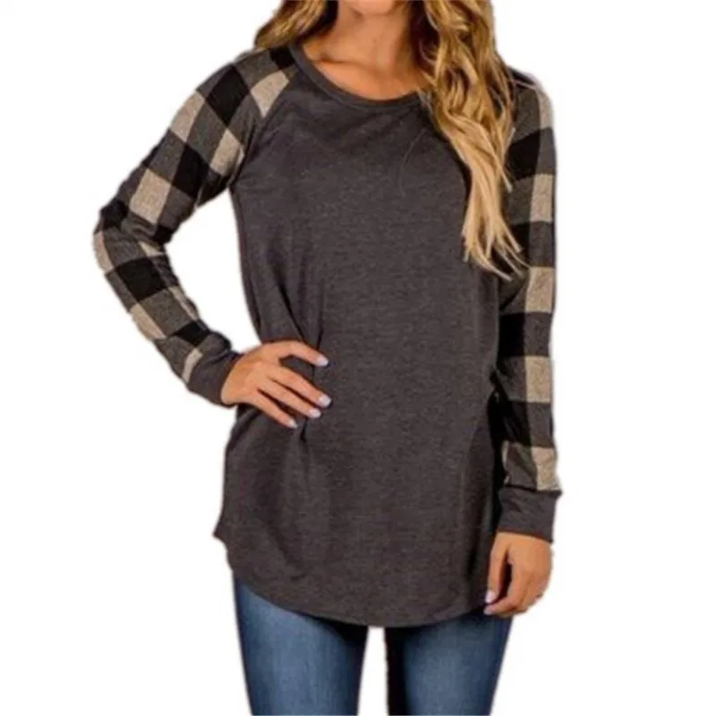 

T Shirts Women O-Neck Plus Size 5XL Easy Tops Camisa Feminina Long Sleeve tshirt Ladies Tees Plaid Shirt Blusas Femme Blue Gray