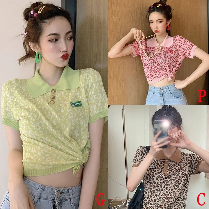 

Sexy Lingerie Retro Hit Color Lapel Print Small Flower Knit Bottoming Shirt Tank Crop Short Sleeve Top For Women
