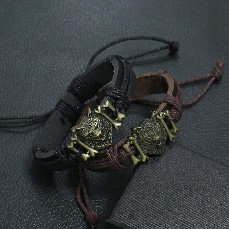 Браслет мужской плетеный из кожи изящное украшение с головой волка Из бронзового