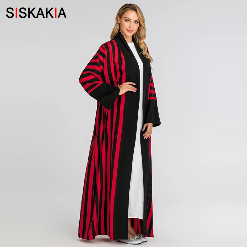 Siskakia мусульманская женская открытая абайя короткая полоса пэчворк Арабский Дубай турецкое кимоно с длинным рукавом Sash Исламская одежда женская