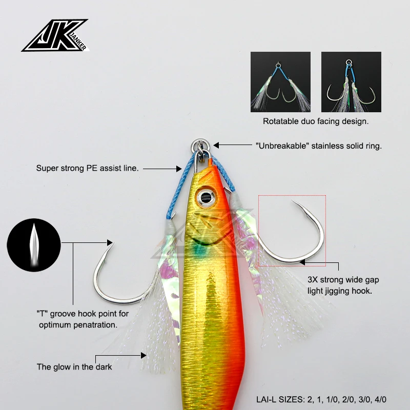 JK LAI-L Shore джигггинг светильник "T" groove Jig hook нержавеющая твердое кольцо лодка рыболовный светящийся двойной рыболовный крючок крючки морские ЛЕЩА