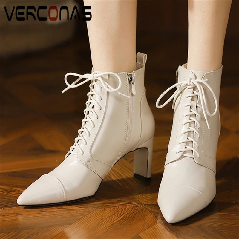

VERCONAS 2021 New Pointed Toe High Heels Women Ankle Boots Genuine Leather Fashion Office Lady Casual Lace-Up Zipper Shoes Woman
