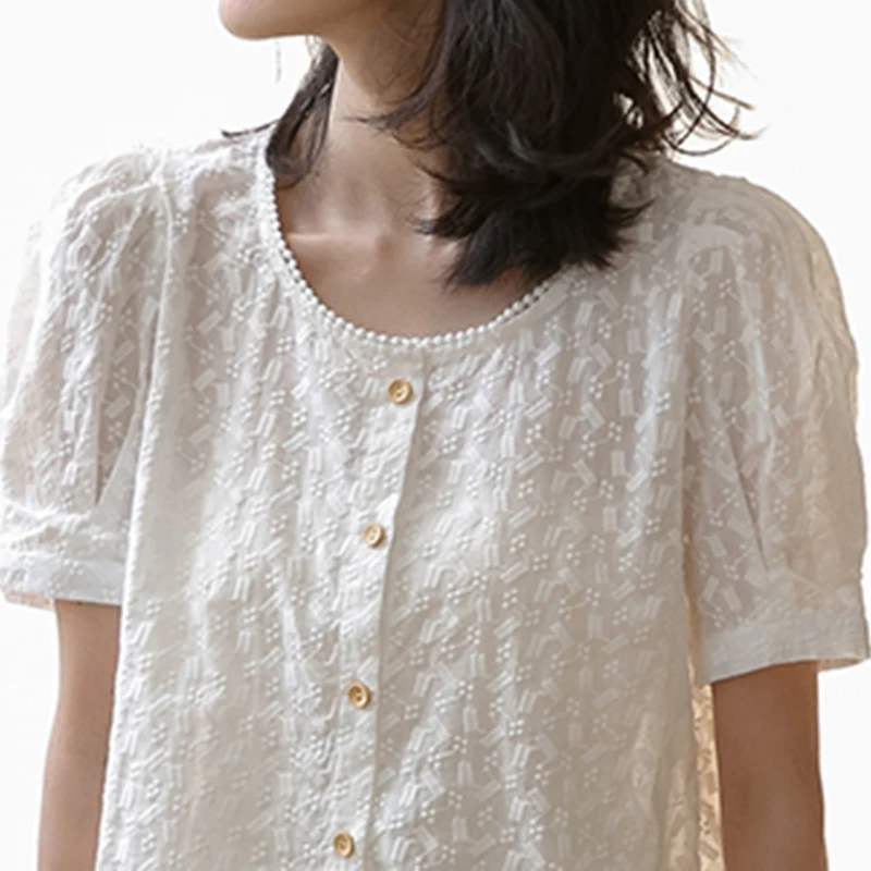 

LJSXLS New Lace O-Neck Women's Blouse Summer Korean Puff Sleeve Shirt Ladies Loose Casual Top White Short Sleeve Woman Blouses