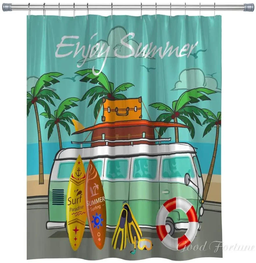 

Summer Surfboard Palm Tree Freedom Holiday Shower Curtain Set With Hooks