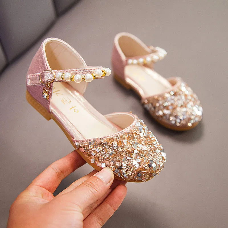 Сандалии принцессы для маленьких девочек плоская подошва с бисером блестящие