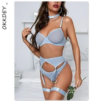 3 piece set lace underwear blue bra brief sets sensual lingerie woman transparent garters seamless panties for women sexy erotic
