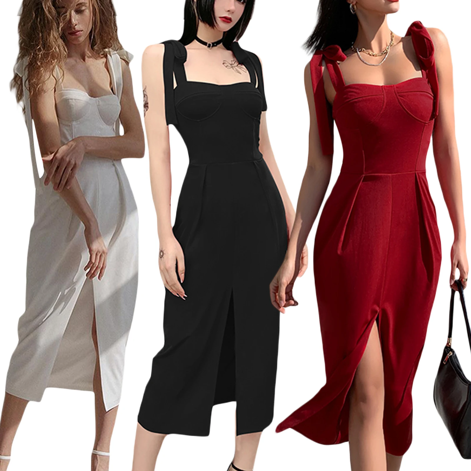 

Women Casual Sexy Suspender Dress, Solid Color Boat Neck Sleeveless Split One-piece, Black/ Wine Red/ White