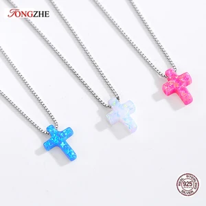 TONGZHE опаловое ожерелье из серебра 925 пробы женское ожерелье с синим крестом цепочки с Иисусом Очаровательное ожерелье с опалом подвески для женщин  30