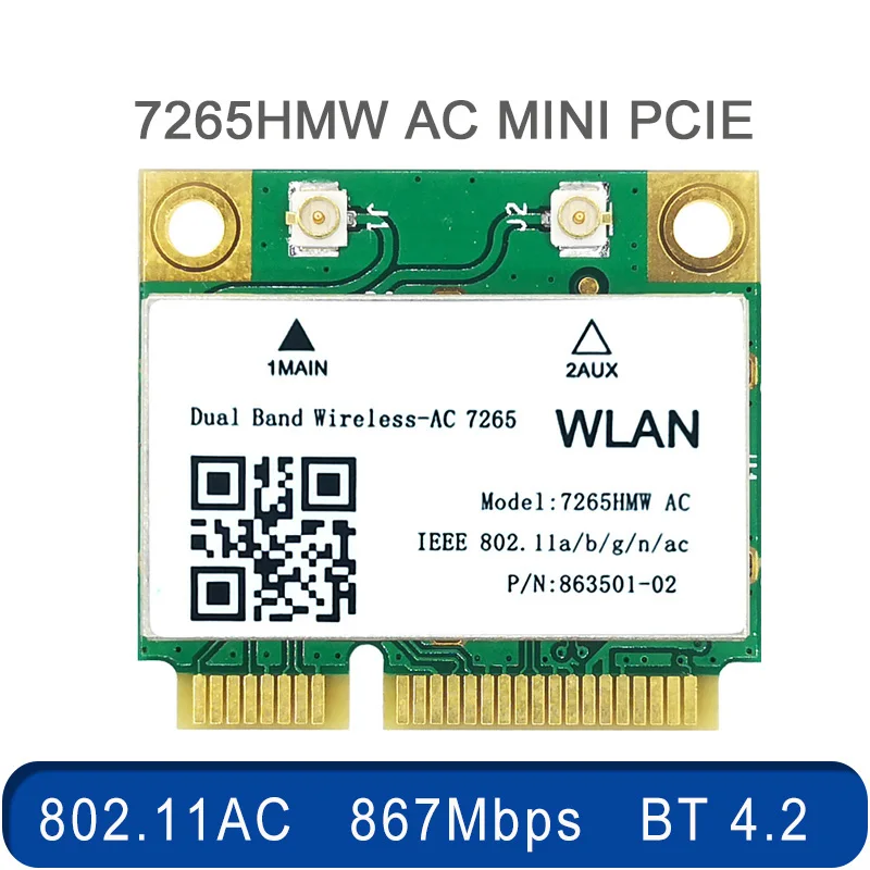 

Wireless Card 1200Mbps 7265HMW Mini PCI-E 7265AC with antenna Wifi Bluetooth 4.2 2.4G 5Ghz 802.11ac Adapte For Laptop