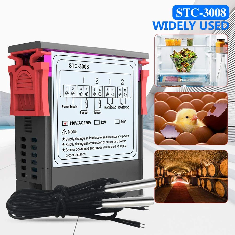 

STC-3008 Dual Digital Temperature Controller Two Relay Output 12V 24V 220V Thermoregulator Thermostat With Heater Cooler
