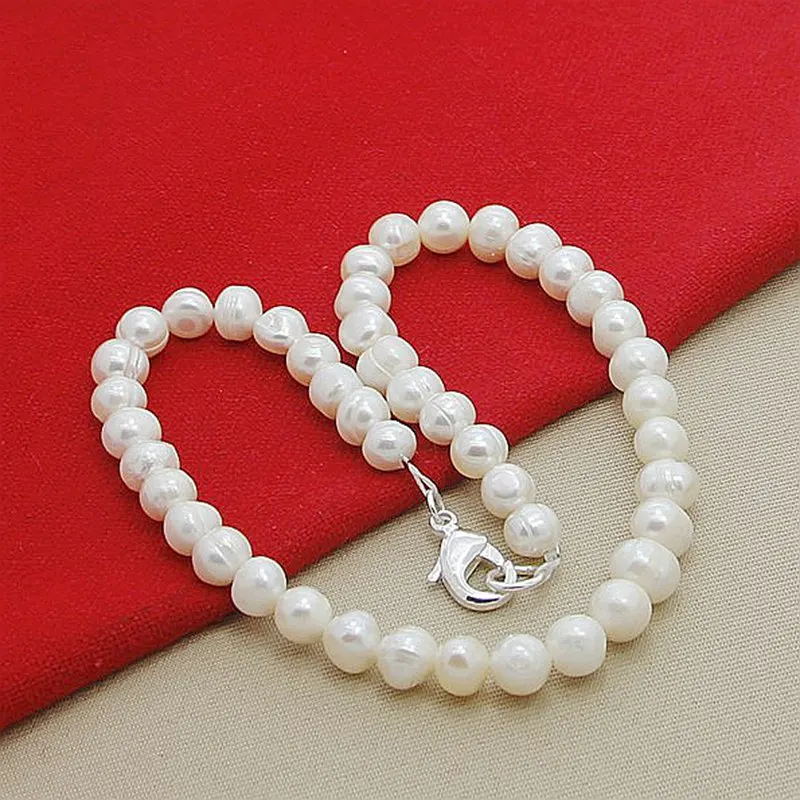 

8mm Natural Pearl 925 Sterling Silver Necklace 18 Chain For Woman Engagement Wedding Party Jewelry