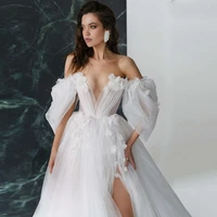 deep v neck puffy sleeve wedding dresses white dress high slit with flower 2022 fluffy tulle zipper back bridal gowns vestidos